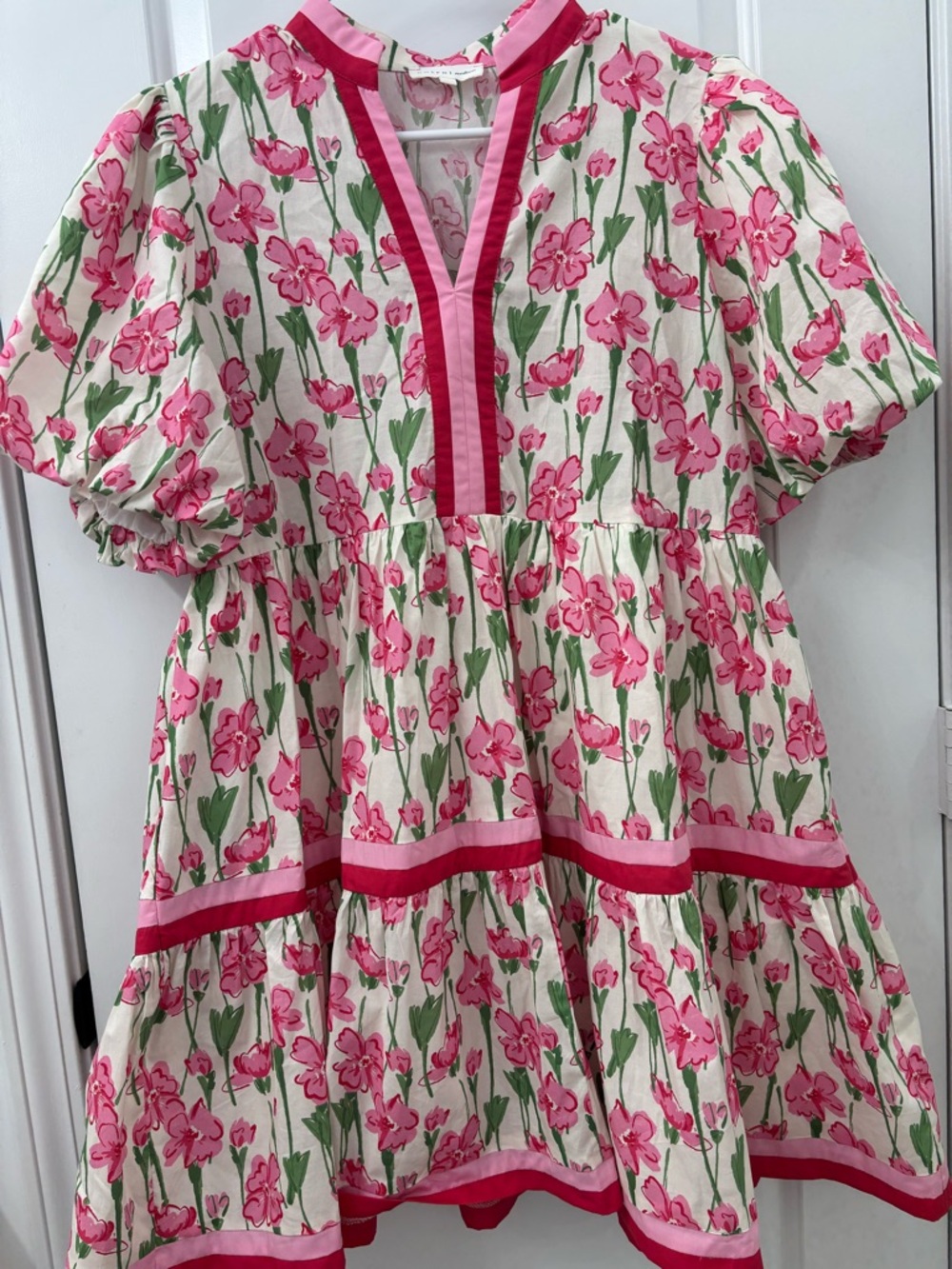 entro Pink Floral Cotton Mini Dress with Green Leaf Print